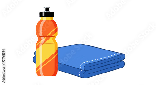 Vector illustration of a sports drink bottle and a blue towel isolated on a white background