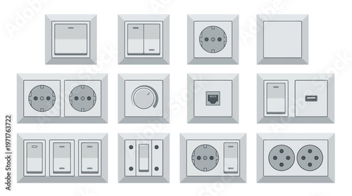 Set of Modern White Electrical Outlets and Light Switches Icons: Vector Illustration of Power Sockets, Dimmers, Internet Ports, and USB Chargers for Home Interior Design