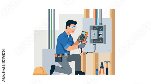 Electrician Technician Testing Electrical Panel with Multimeter - Professional Maintenance and Repair Service Vector Illustration