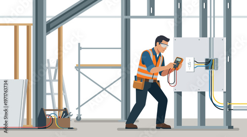 Professional Electrician Technician Testing Circuit Board and Electrical Panel on Construction Site, Flat Vector Illustration