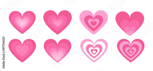 Pink layered hearts shown in simple graphic style on white background, symbolizing love and romance in decorative concept. Hand-drawn vector illustration