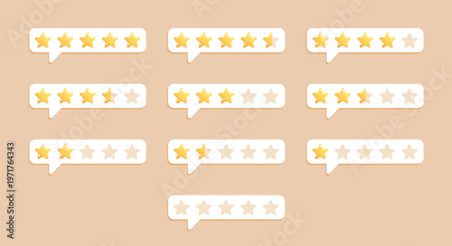 Various speech bubbles with gold star ratings shown in a soft cartoon style on a beige background, representing feedback and evaluation concepts. Hand-drawn vector illustration