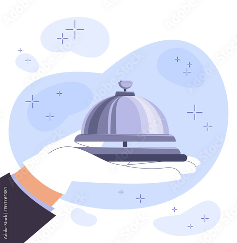 A serving dome held by a gloved hand in a clean flat graphic style on a soft abstract background, symbolizing hospitality and service. Hand-drawn vector illustration