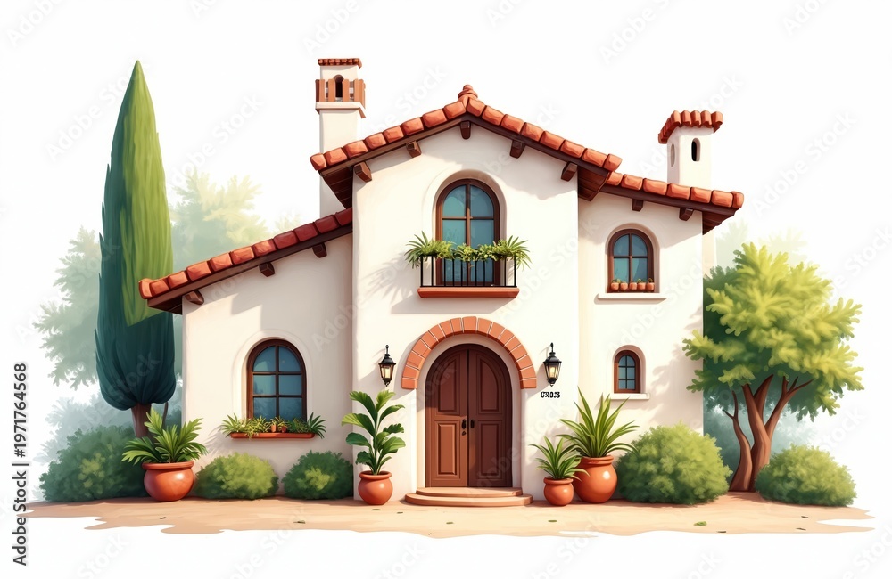 Fototapeta premium Charming two story Spanish villa exterior. White walls and red tile roof. Arched windows, central double doors. Lush green plants and trees surround home. Balcony adds classic detail.