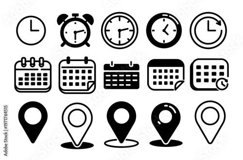 Collection of time, calendar and location icons in simple line and solid style on white background, symbolizing scheduling and navigation. Hand-drawn vector illustration