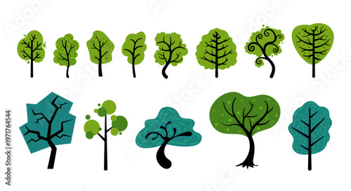 Collection of stylized trees shown in simple graphic style on white background, symbolizing nature and green ecology elements. Hand-drawn vector illustration