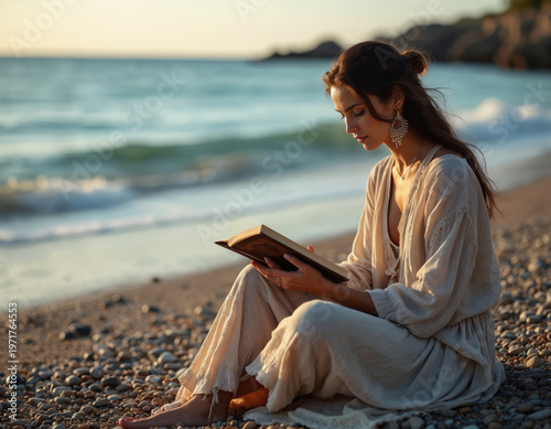 Woman reads book on pebble beach beside ocean waves at sunset. Relaxed person in boho dress enjoys quiet moment. Serene seaside scene with gentle sea breeze.