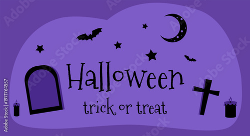 A Halloween scene with tombstone, bats, stars, moon and candles in simple flat style on a purple background, symbolizing spooky holiday fun. Hand-drawn vector illustration