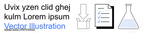 Data analysis, scientific research, project management, packaging, task organization, and educational tools. Includes icons of a checklist, box and laboratory flask. Scientific research and data