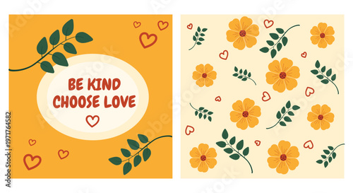 Floral cards with flowers, leaves and hearts shown in simple flat style on warm colored backgrounds, expressing kindness and love concept. Hand-drawn vector illustration