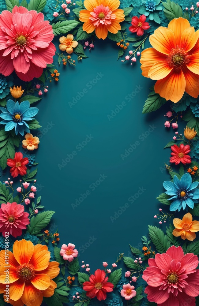 Fototapeta premium Bright floral border frames teal space with vibrant flowers, leaves and buds. Assortment of colorful blooms including pink, orange, blue, and red petals.