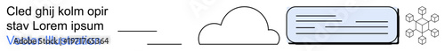 Cloud computing, data storage, virtual networks, connectivity, digital communication, information sharing. A minimal cloud icon, text panel and network nodes. Cloud computing and data storage