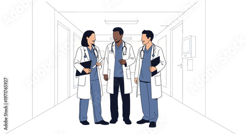 Diverse team of elite healthcare professionals collaborating on patient care strategy in a modern premium medical facility