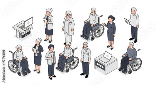 Comprehensive Healthcare and Geriatric Care Isometric Set for Luxury Senior Living Facility Management and Inclusive Medical Tech Design