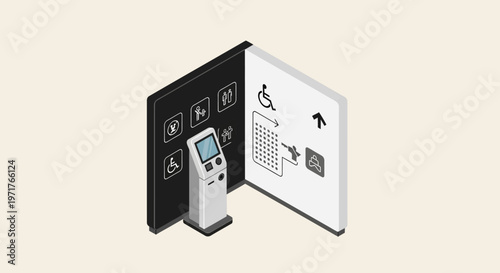 Modern universal design kiosk illustration representing corporate accessibility standards and inclusive user experience solutions for premium business environments.