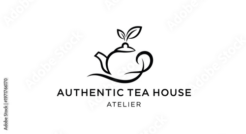 Minimalist teapot logo with leaves, "Authentic Tea House Atelier" text