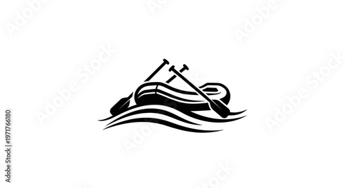 Rafting boat with oars on wavy water, black and white graphic icon