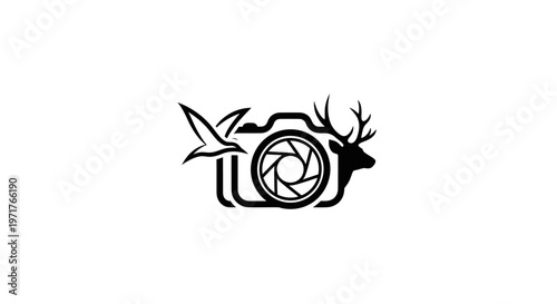 Wildlife Photography Logo: Camera with Deer and Bird Silhouette