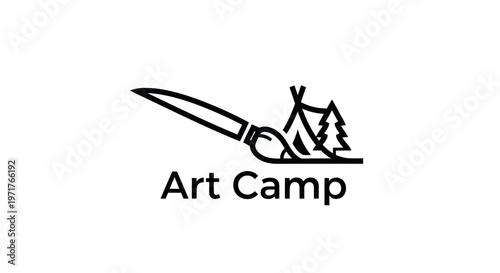 Art Camp Logo: Paintbrush, Tent, Trees, and Text