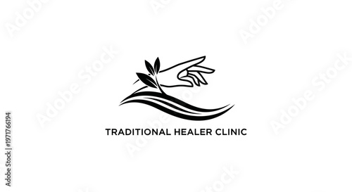 Traditional Healer Clinic Logo: Hand, Leaf, and Wavy Lines