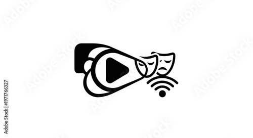 Play button with theater masks and wifi symbol, concept of online streaming entertainment