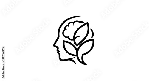 Mindful Growth: Human Head Silhouette with Brain and Green Leaves