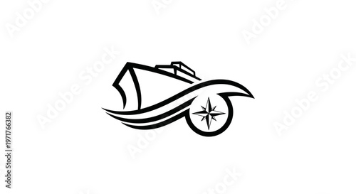 Ship sailing on waves with compass icon, nautical logo design