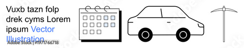 Project planning, transportation logistics, work tools, activity scheduling, resource management, and productivity. Calendar, car and pickaxe in a minimalist design. Project planning