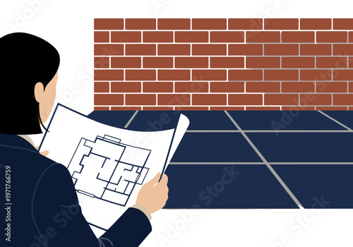 An architect reviews a loft conversion plan, studying blueprints with a focused expression. A brick wall forms a textured backdrop. Professional, detailed, modern.