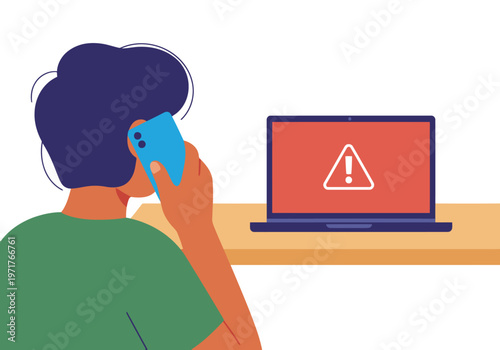 A young adult woman calls customer support, frustrated by a payment failure displayed on her laptop.  A clear, impactful visual for technology and customer service themes.