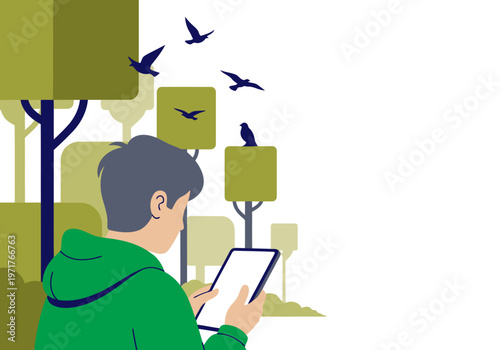 A young adult studies online while surrounded by stylized trees and birds, using a tablet. Modern, vibrant illustration promotes online learning.