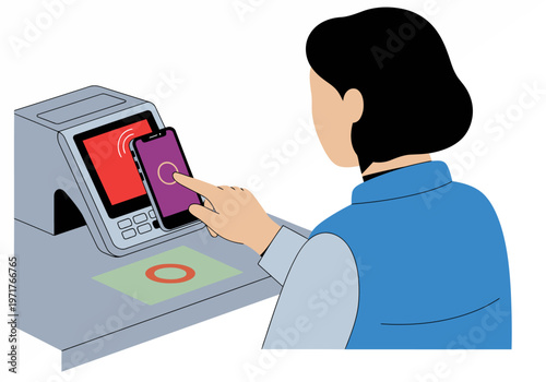 A young Asian woman uses contactless payment on a cafe terminal. Clean, modern illustration. Focus on digital payment technology.