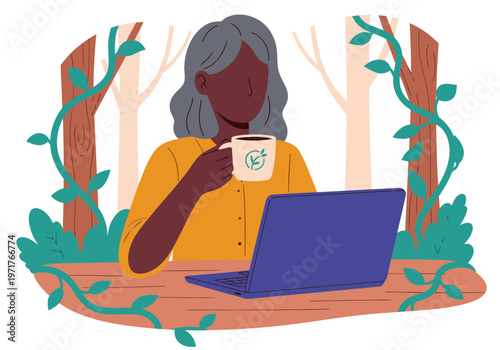 A Black woman enjoys a coffee break while working remotely in a serene forest setting. She uses a laptop and sips coffee, creating a peaceful freelance moment.
