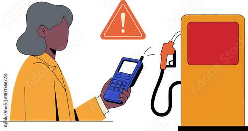 A woman at a gas station struggles with a malfunctioning gas pump terminal. A warning sign highlights the issue. Modern illustration style.