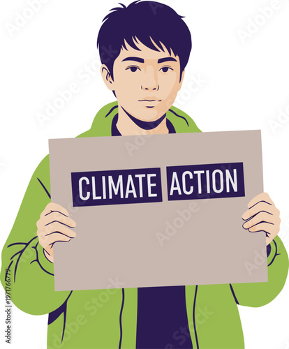 A young Asian man holds a sign reading 'Climate Action Zero Blur Shadow'.  Bold graphic illustration, vibrant colors, clear composition. Suitable for environmental campaigns.