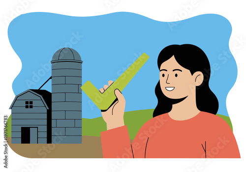 A smiling woman checks a harvest with a measuring tool against a barn, symbolizing successful eco-growth. Bright, modern illustration.