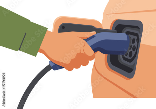 A hand connects an EV charger to a car's charging port. Clean, modern illustration. Ideal for electric vehicle marketing and sustainability concepts.