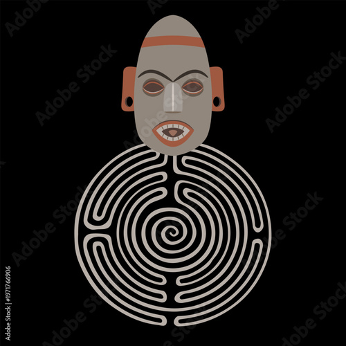 Human head and a round spiral maze or labyrinth symbol. Ethnic design. Mystery of Native American indigenous culture of ancient Peru. 