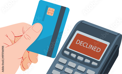 A hand presents a declined credit card at a payment terminal. ?Declined? text clearly displayed. Modern, graphic illustration. Suitable for finance and technology themes.