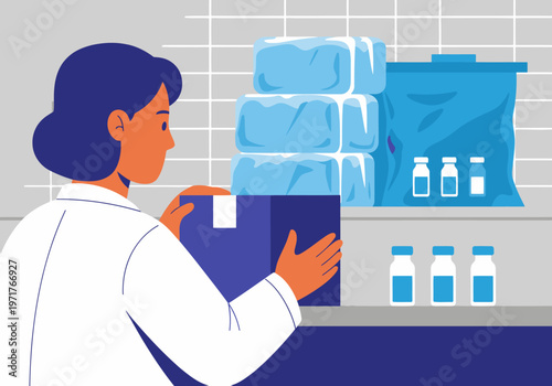 A healthcare professional monitors vaccine cold storage quality, ensuring proper temperature control. Clear, professional, and visually appealing.