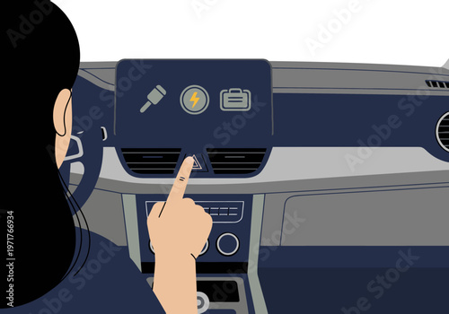 A woman interacts with an EV dashboard display, touching a charging icon. Modern car interior, showcasing smart tech. Clean, bright, and focused.