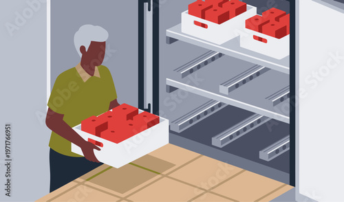 A man delivers fresh produce from a refrigerated truck. Clear composition, bright colors, and a focus on cold delivery. Ideal for food, logistics, and delivery themes.