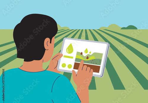 Konstfotografi A young man monitors a tablet displaying a soil sensor graphic over a field