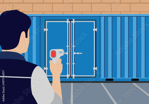 A man performs a cold chain temperature check on a refrigerated shipping container. Clear visual for supply chain monitoring and temperature control. Professional setting.