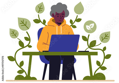 A professional works on a laptop in a biophilic office, surrounded by greenery. This vibrant illustration promotes sustainable and healthy work environments.