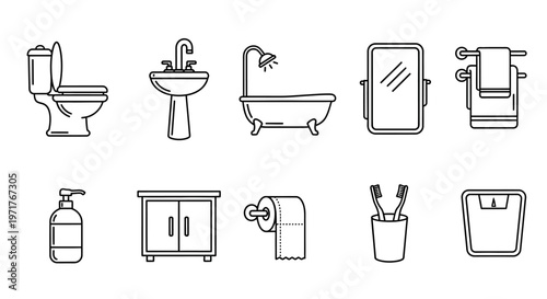 Collection of Bathroom Icons Toilet, Sink, Bathtub, Mirror, Towel Rack, Soap Dispenser, Cabinet, Toilet Paper, Toothbrushes, and Scale