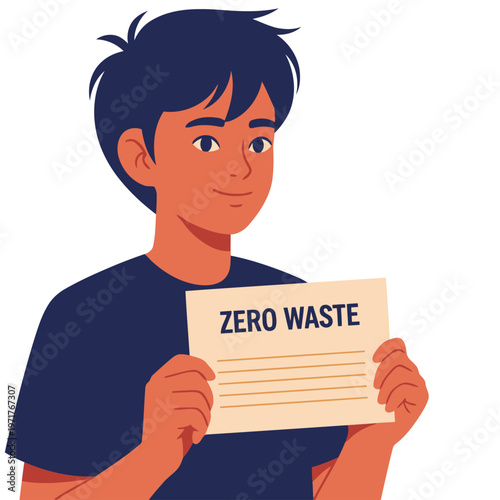 A smiling teenage boy holds a 'Zero Waste' pledge card, promoting sustainability. Clean, modern illustration with a warm color palette. Ideal for environmental campaigns.