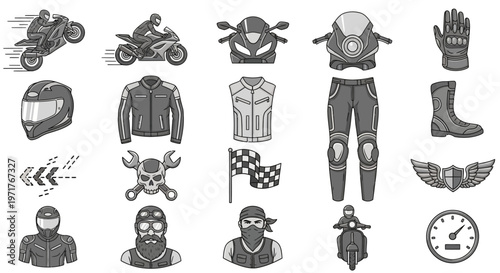 Comprehensive Collection of Motorcycle Lifestyle Vector Elements and Biker Gear Illustrations Set