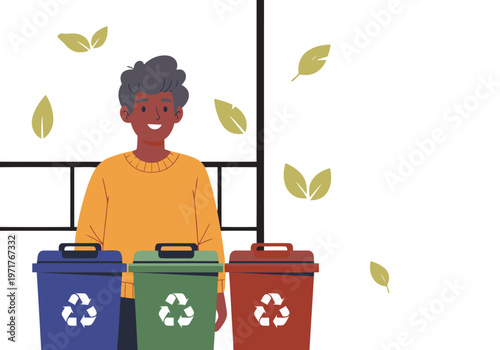 A smiling teenage boy proudly displays recycling bins, symbolizing success and environmental awareness. Clean, modern illustration style.