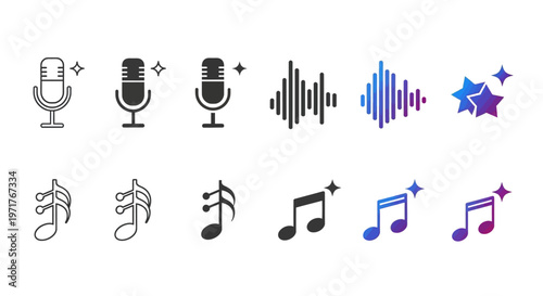 Set of audio and music icons featuring microphones, sound waves, and musical notes for creative projects